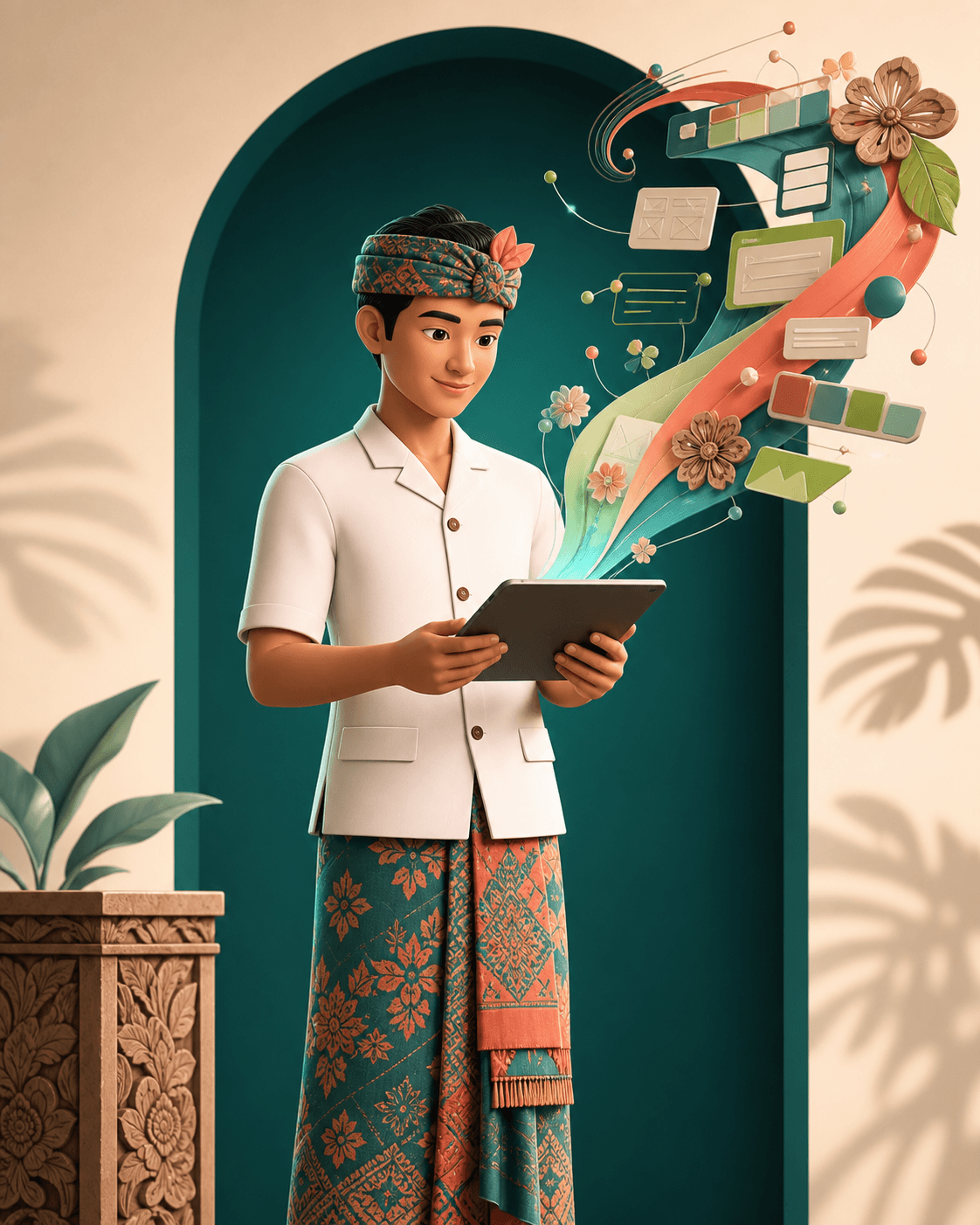 Balinese creative character holding a tablet filled with technology and creative ideas